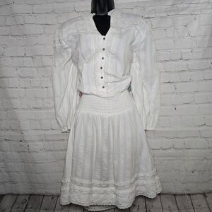 Y2k INC White Cotton Call crochet lace trim Smock Waist Prairie dress Sz Lg